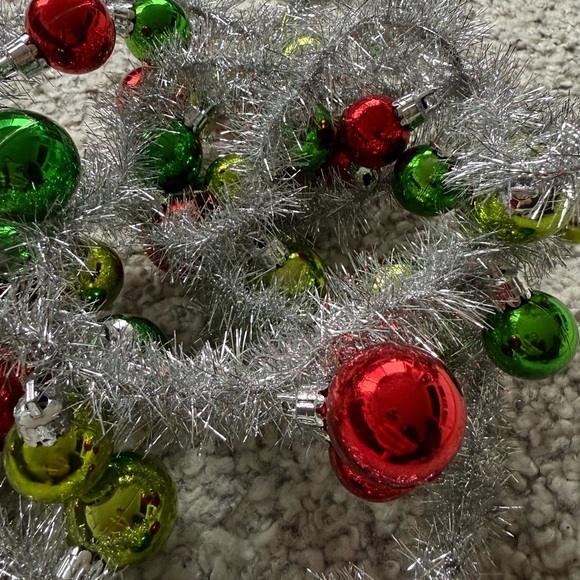 Crate & Barrel Christmas Garland – 9 Ft Silver Tinsel with Red & Green Ornaments - Picture 2 of 8